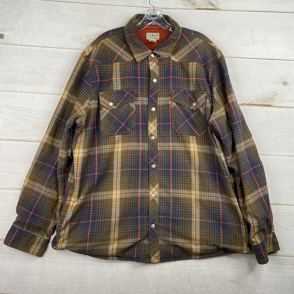 LL Bean Shirt Jacket Mens XL Plaid Canvas Flannel Lined Shacket Snap Pocket - Picture 1 of 12